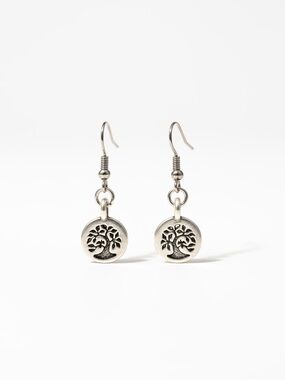 Handmade round stamped Tree of Life silver stainless steel French hook earrings‎